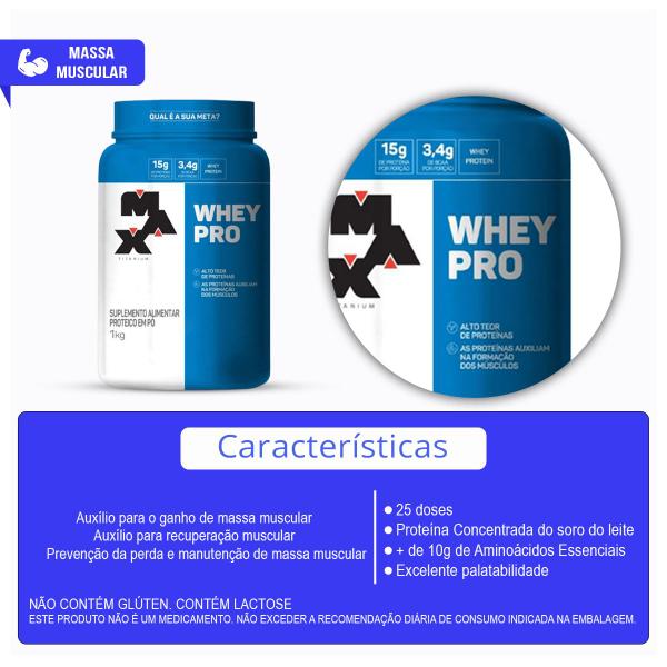 Imagem de Combo Whey Pro 1kg e Creatina Monohidratada 120 Cápsulas - Max Titanium