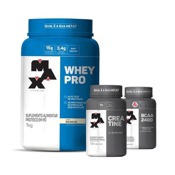 Combo Whey Protein 1kg, Creatina 120 Cápsulas e BCAA 60 Cápsulas - Max Titanium Imagem de Combo Whey Protein 1kg, Creatina 120 Cápsulas e BCAA 60 Cápsulas - Max Titanium