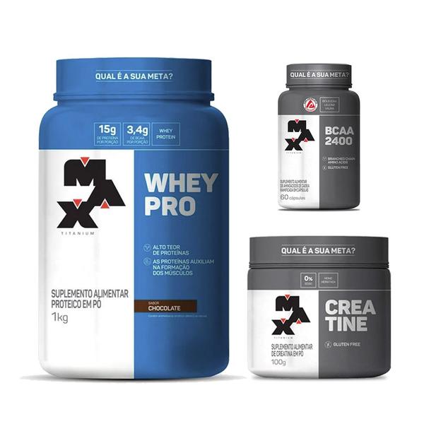 Imagem de Combo Whey Protein 1kg , Creatina Monoidratada 100g e BCAA 60 Cápsulas - Max Titanium