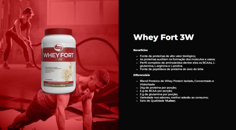 Imagem de Combo Whey Protein 3W Fort Pote de 900g Sabor Banana e Creatina (Creatine)de 300g - Vitafor