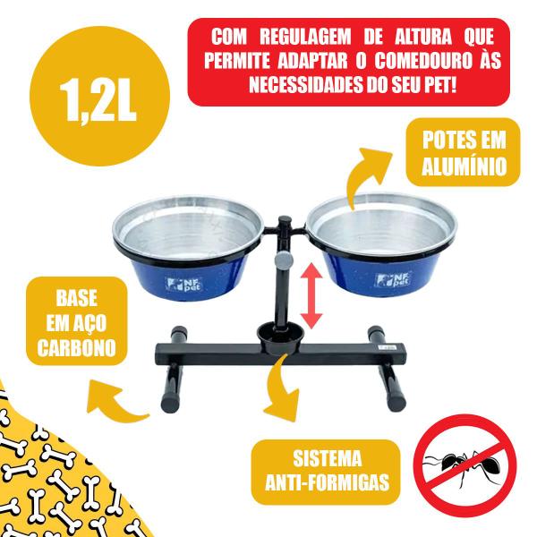 Imagem de Comedouro Duplo Elevado Antiformiga NF Pet Altura Regulável Pote Alumínio 1,2L