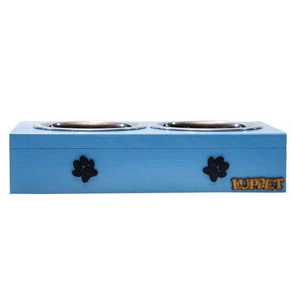 Comedouro Duplo Para Cães e Gatos Patinhas Madeira Com Potes Inox Luppet Azul Imagem de Comedouro Duplo Para Cães e Gatos Patinhas Madeira Com Potes Inox Luppet Azul