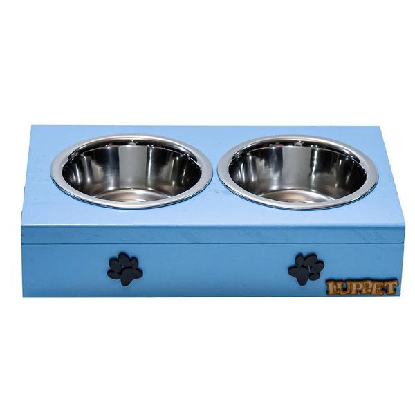 Comedouro Duplo Para Cães e Gatos Patinhas Madeira Com Potes Inox Luppet Azul Imagem de Comedouro Duplo Para Cães e Gatos Patinhas Madeira Com Potes Inox Luppet Azul