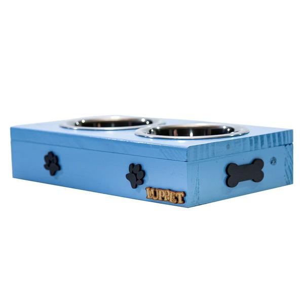 Comedouro Duplo Para Cães e Gatos Patinhas Madeira Com Potes Inox Luppet Azul Imagem de Comedouro Duplo Para Cães e Gatos Patinhas Madeira Com Potes Inox Luppet Azul