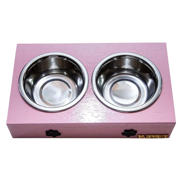 Imagem de Comedouro Duplo Para Cães e Gatos Patinhas Madeira Com Potes Inox Luppet  Rosa