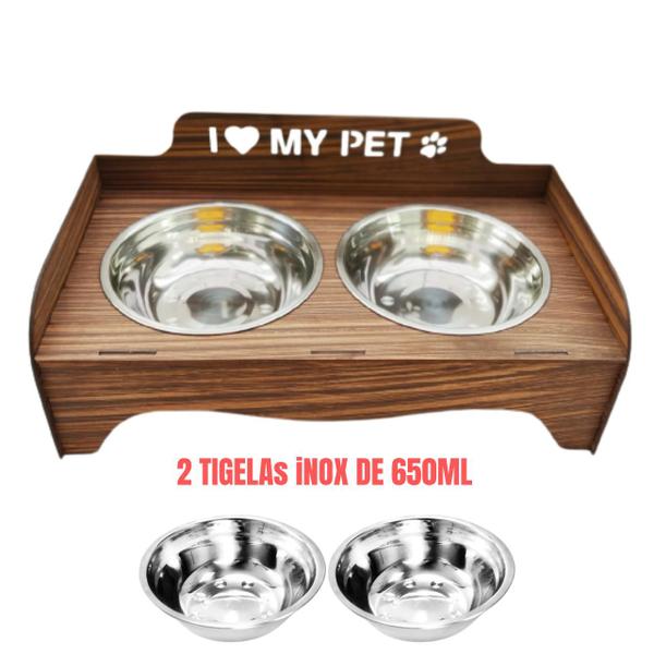 Imagem de Comedouro Elevado Ergonômico Para Cão e Gato I Love My Pet Com Duas Tigelas Inox