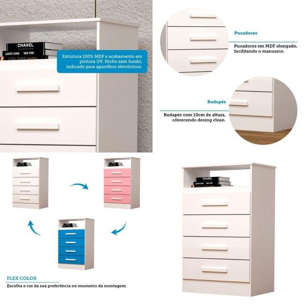 Imagem de Cômoda 100% Mdf Flex Color 4 Gavetas Jéssica Acp Móveis Branco/Rosa/Azul