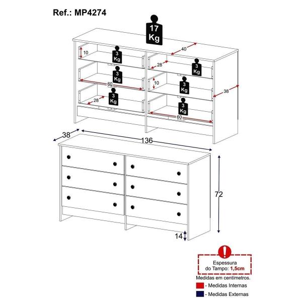 Imagem de Cômoda 136 cm com 6 Gavetas Multimóveis MP4274