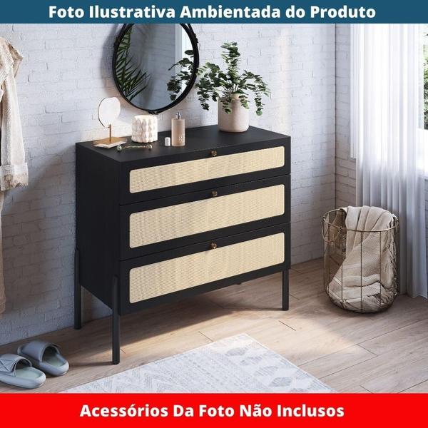 Imagem de Cômoda 3 Gavetas Oslo Artesano 93 cm (largura) em MDP Nero Palha Sintética Bege Pé Madeira Maciça