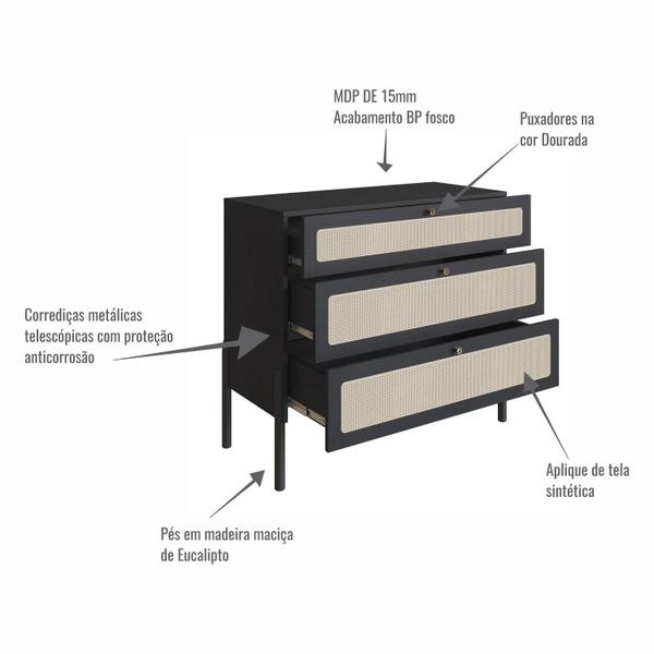 Imagem de Cômoda 3 Gavetas Palhinha Pé Madeira Oslo