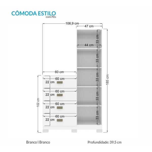 Imagem de Cômoda 4 Gavetas 1 Porta com Espelho e Pés Estilo 1.4 Santos Andirá