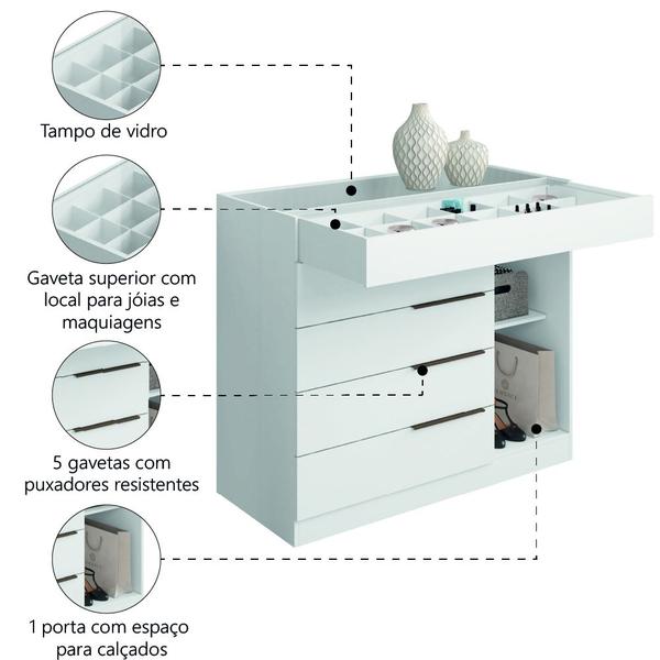 Imagem de Cômoda 5 Gavetas Com Porta Joias Organizador Tampo De Vidro Sevilha Aramóveis