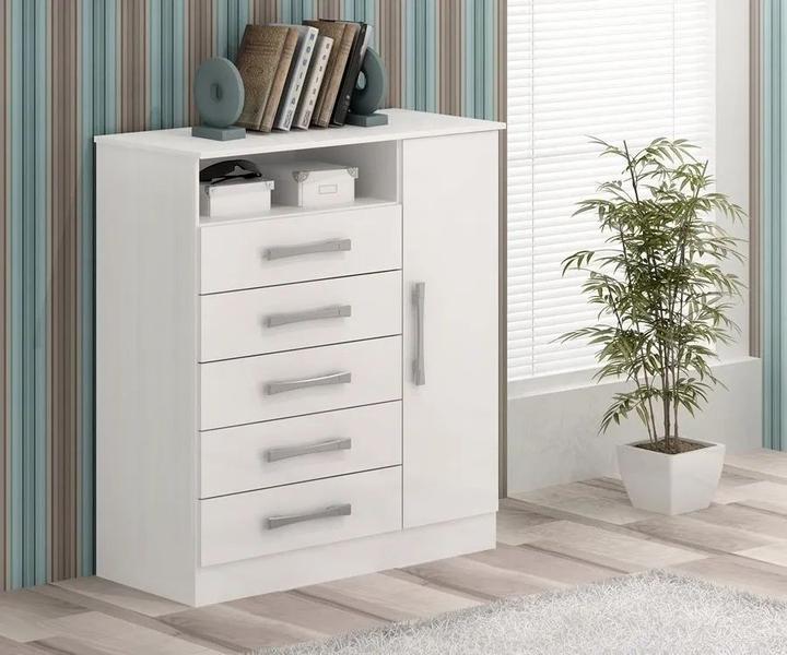 Imagem de Cômoda 5 Gavetas Com Sapateira Madri Para Quarto Branco 100% MDF