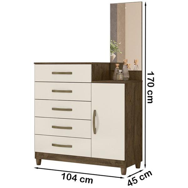 Imagem de Comoda 5 Gavetas E 1 Porta Com Espelho 9373 Castanho Wood Off White Moval