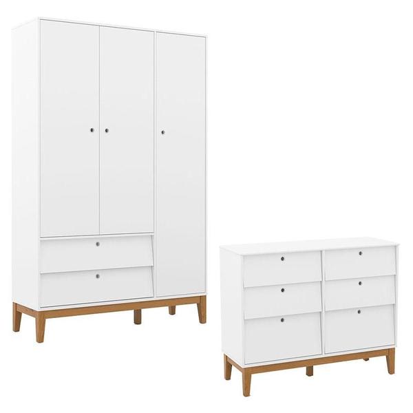 Imagem de Cômoda 6 Gavetas e Guarda Roupa Unique 3 Portas Branco Soft Eco Wood - Matic