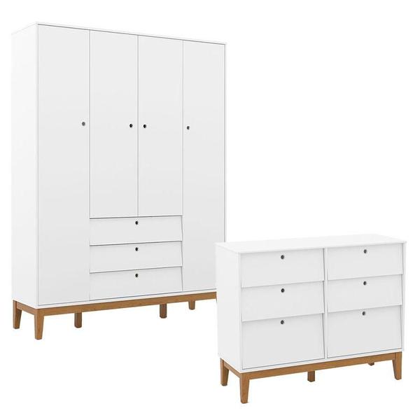 Imagem de Cômoda 6 Gavetas e Guarda Roupa Unique 4 Portas Branco Soft Eco Wood - Matic