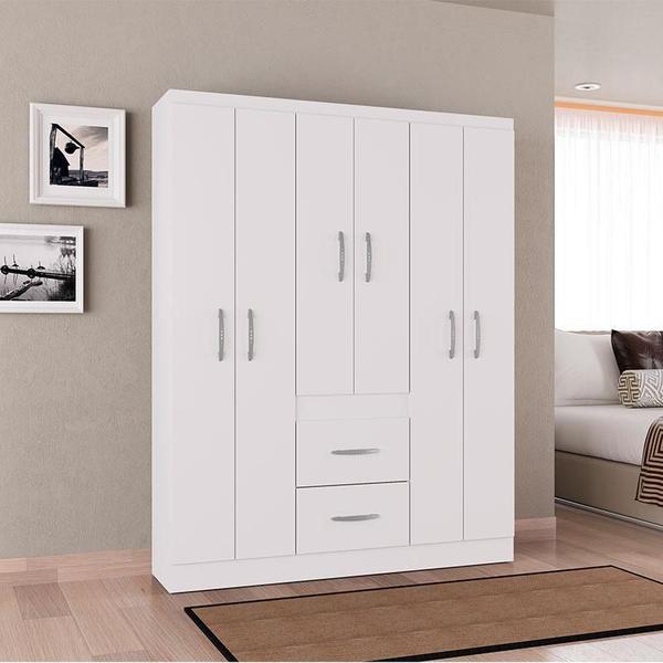 Imagem de Cômoda 867 4 Gavetas com Guarda Roupa Casal Milão 6 Portas Branco Brilho - Poquema