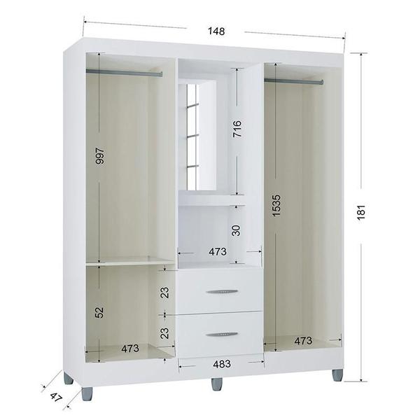 Imagem de Cômoda 867 4 Gavetas com Guarda Roupa Solteiro Córdoba 4 Portas Branco Brilho - Poquema