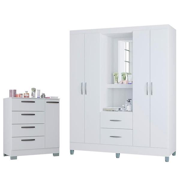 Imagem de Cômoda 868 4 Gavetas e 1 Porta com Guarda Roupa Solteiro Córdoba 4 Portas Branco Brilho - Poquema