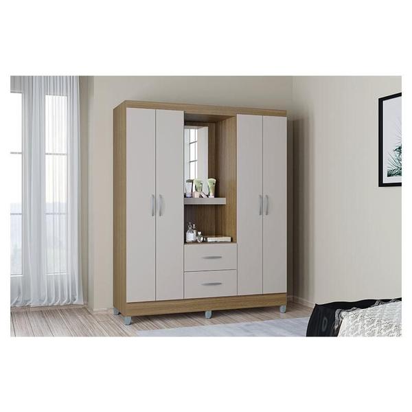 Imagem de Cômoda 868 4 Gavetas e 1 Porta com Guarda Roupa Solteiro Córdoba 4 Portas Castanho Off White - Poquema