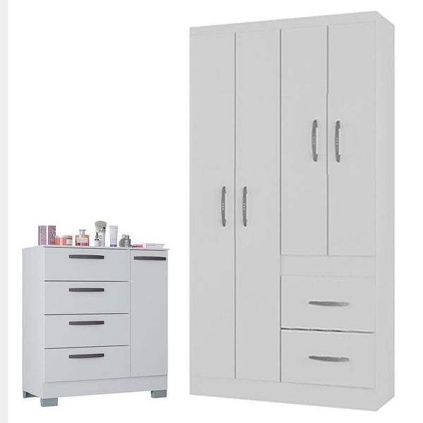 Imagem de Cômoda 868 4 Gavetas e 1 Porta com Guarda Roupa Solteiro Milão 4 Portas Branco Brilho - Poquema