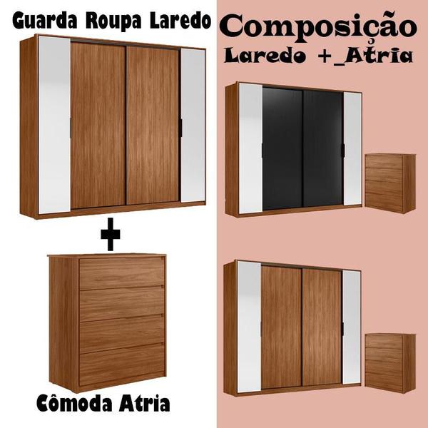 Imagem de Cômoda Atria 4 Gavetas e Guarda Roupa Casal Laredo Nogueira Touch com Espelho Demóbile  Demartêz 