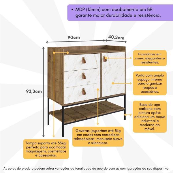 Imagem de Cômoda Balcão Multiuso 3 Gavetas e 1 Porta Multimóveis CR35071 Woodmel/Volakas