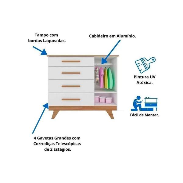 Imagem de Cômoda Bebê Retrô c/ 1 Porta Cristal e 4 Gavetas Branco/Cinza - Peroba