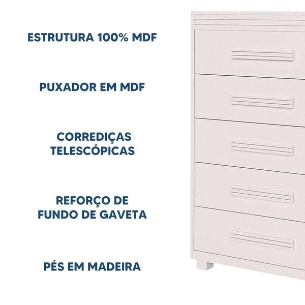 Imagem de Cômoda Com Pés Em Madeira 5 Gavetas 100% MDF Branco Quincy Shop Jm