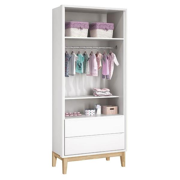 Imagem de Cômoda com Porta e Guarda Roupa Infantil 2 Portas New Classic Branco com Pés Madeira Natural  Reller