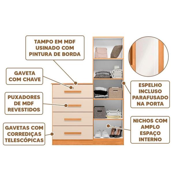 Imagem de Cômoda Com Sapateira 1 Porta Espelho 4 Gavetas Carvalho Grife Off White Berna Shop JM