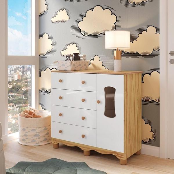 Imagem de Cômoda de Bebê 1 Porta com Janela e 4 Gavetas 100% MDF Lana Espresso Móveis Branco Brilho/Amêndoa