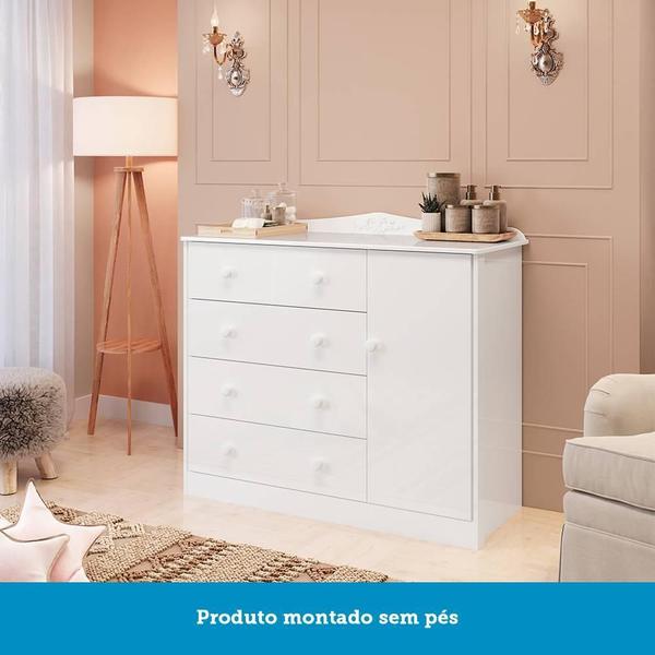 Imagem de Cômoda de Bebê 1 Porta e 4 Gavetas Elô New Móveis Peroba Branco Brilho