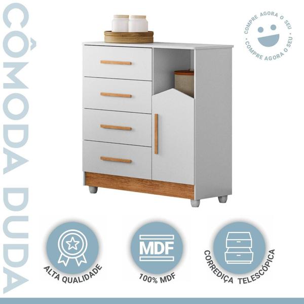 Imagem de Cômoda de Bebê 100% MDF 1 porta 4 Gavetas Duda Branco/Amadeirado