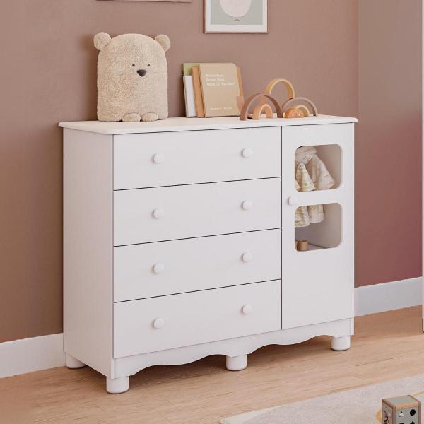 Cômoda de Bebê Infantil 1 Porta com Janela 4 Gavetas 100% MDF Uli - Peroba Cômoda de Bebê Infantil 1 Porta com Janela 4 Gavetas 100% MDF Uli - Peroba