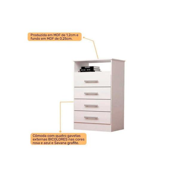 Imagem de Cômoda de Quarto Jéssica c/ 1 Nicho e 4 Gavetas Branco/Rosa/Azul - ACP