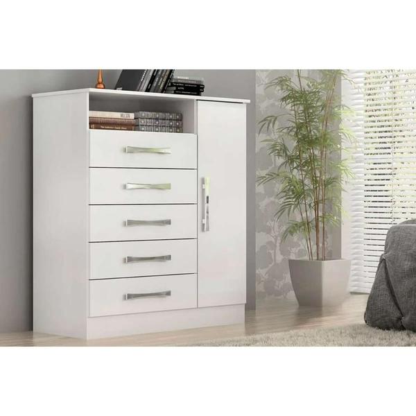 Imagem de Cômoda de Quarto Madri c/ 1 Porta 1 Nicho e 5 Gavetas Branco - ACP