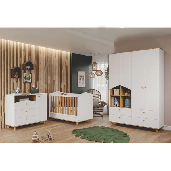 Imagem de Cômoda e Guarda Roupa Infantil Casinha 4 Portas Permóbili Baby Branco/Nature 100% MDF