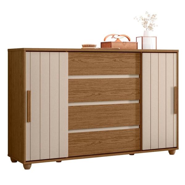 Imagem de Cômoda Grande 4 Gavetas Espaçosas E 2 Portas Ripadas Evidenza Jatoba Fendi Metallic Albatroz