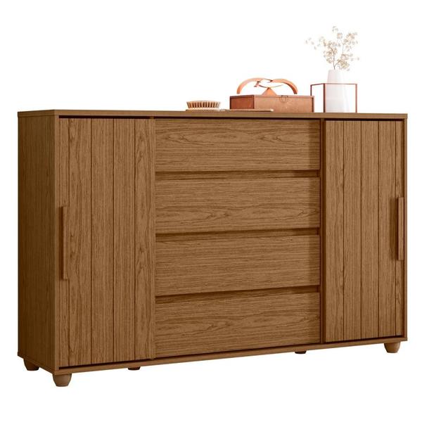 Imagem de Cômoda Grande 4 Gavetas Espaçosas E 2 Portas Ripadas Evidenza Jatoba Fendi Metallic Albatroz