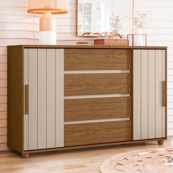 Imagem de Cômoda Grande 4 Gavetas Espaçosas E 2 Portas Ripadas Evidenza Jatoba Fendi Metallic Albatroz