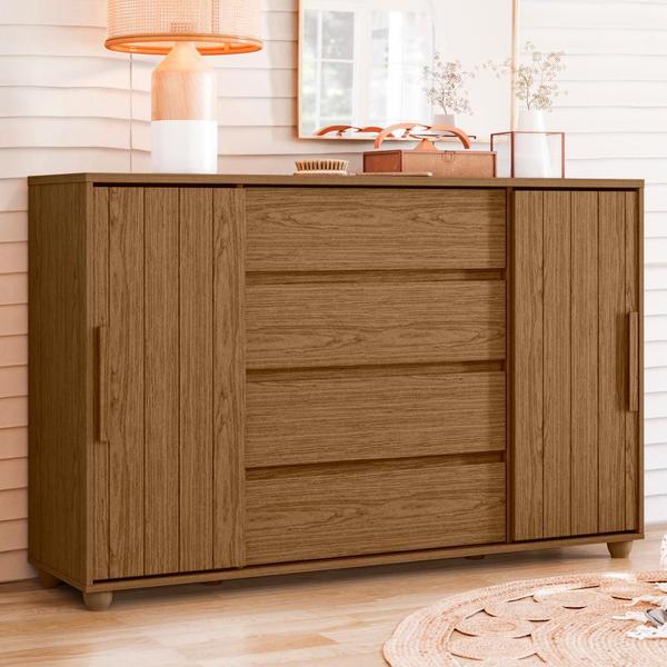 Imagem de Cômoda Grande 4 Gavetas Espaçosas E 2 Portas Ripadas Evidenza Jatoba Fendi Metallic Albatroz