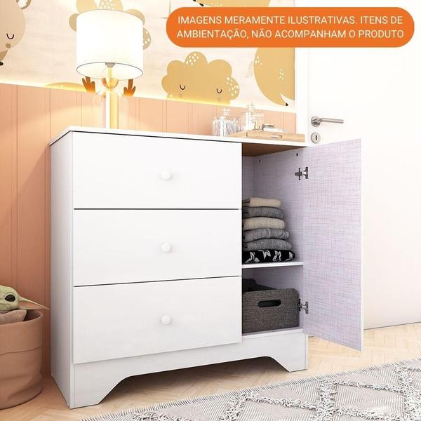 Imagem de Cômoda Infantil 1 Porta e 3 Gavetas 100% MDF Ben Plus Móveis Peroba Branco Brilho