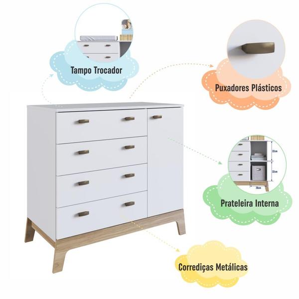 Imagem de Cômoda Infantil Organizadora 93,5cm 4 Gavetas Grande e 1 Porta com Prateleira e Trocador para Quarto de Bebê Branca com Itapuã
