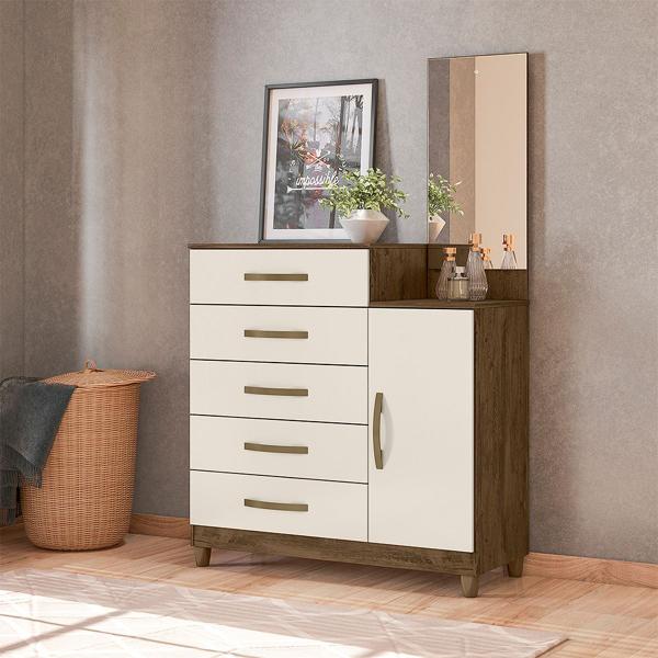 Imagem de Cômoda Lisboa 104cm 1 Porta com Espelho Castanho Wood Off White Moval