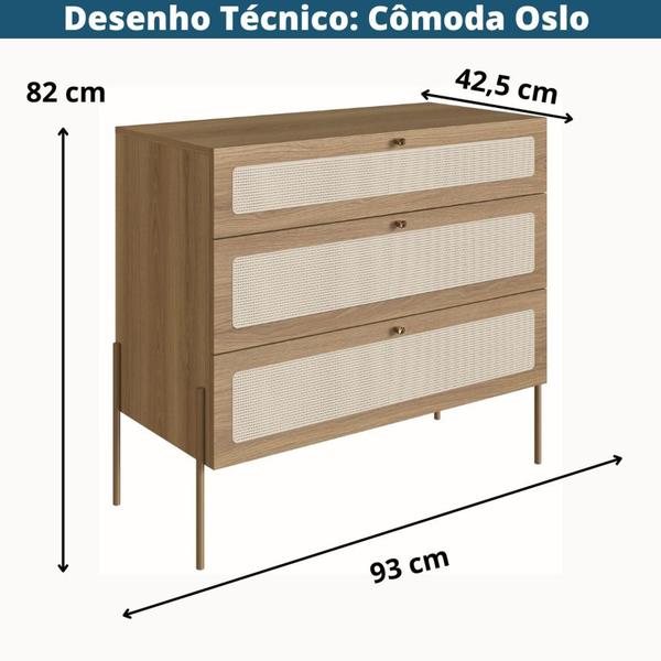 Imagem de Cômoda Oslo Artesano 93 cm (largura) em MDP Cor Mel Palha Natural Três Gavetas Base Metal