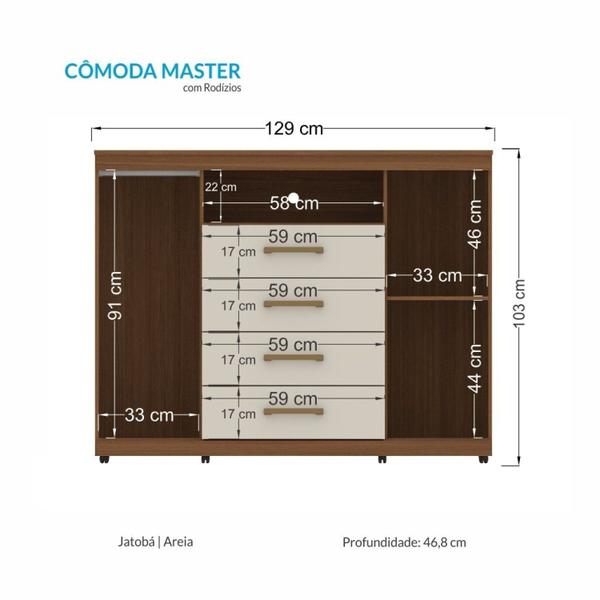 Imagem de Cômoda para Quarto 2 Portas 4 Gavetas 1 Nicho Master com Rodízios