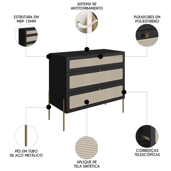 Imagem de Cômoda Para Quarto 3 Gavetas Pé Metal Arlo A10 Nero/Dourado - Mpozenato