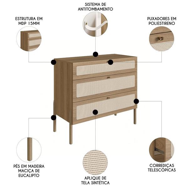 Imagem de Cômoda Para Quarto 3 Gavetas Pés Madeira Arlo A10 Hanover - Mpozenato