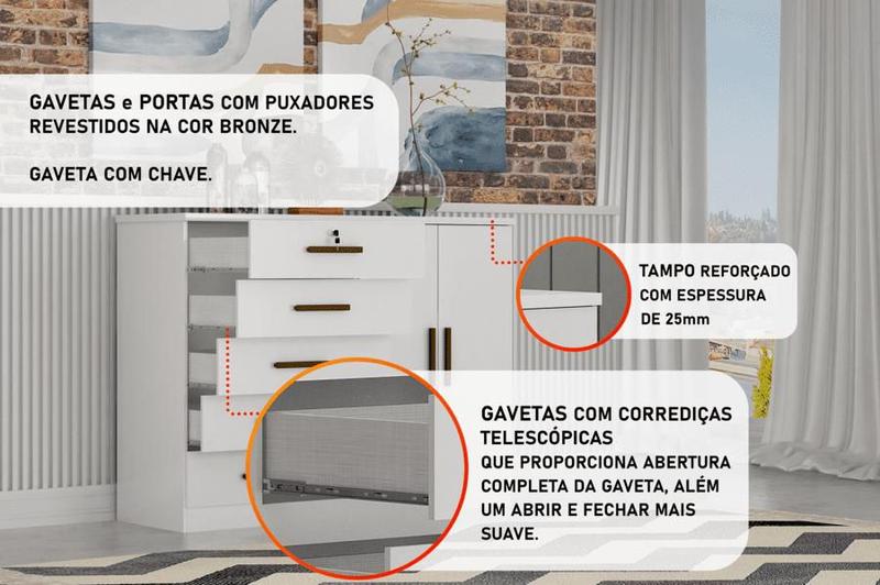 Imagem de Cômoda para Quarto com Sapateira 5 Gavetas - Space-Branco - Móveis Novo Horizonte